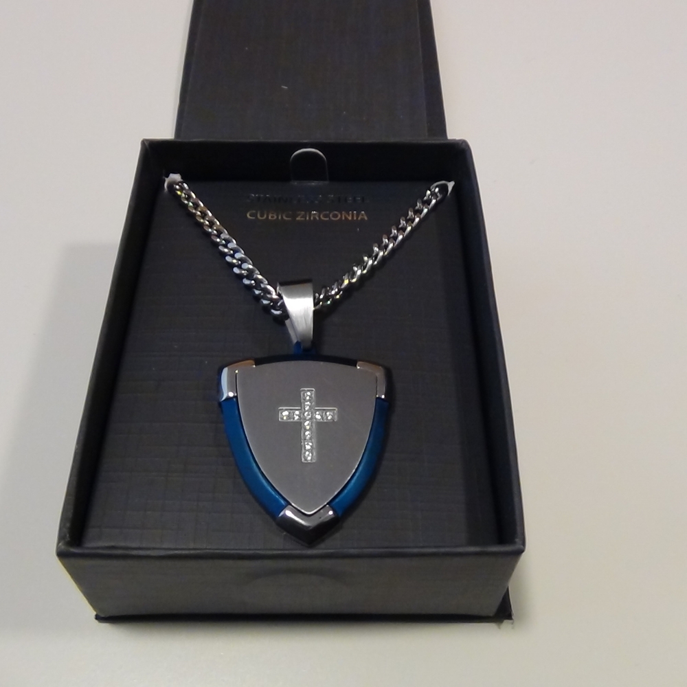Men's Silver and Blue Cross Pendant Necklace